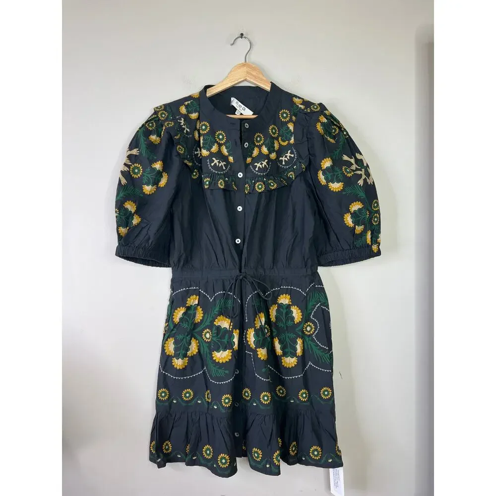 NWT Sea New York Perle Print Puff Sleeve Ruffled Cotton Black Mini Dress - Picture 2 of 9